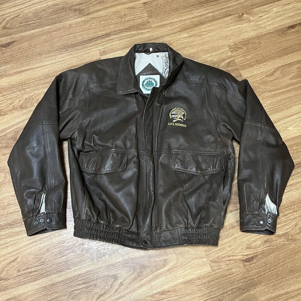 Burk's Bay Jacket Mens XL Brown Leather Bomber NAHC Life Member Hunting Club